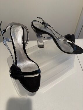 Formal Romatic Vero Cuoio Black Slingback Block Heels with Floral Accent size 41